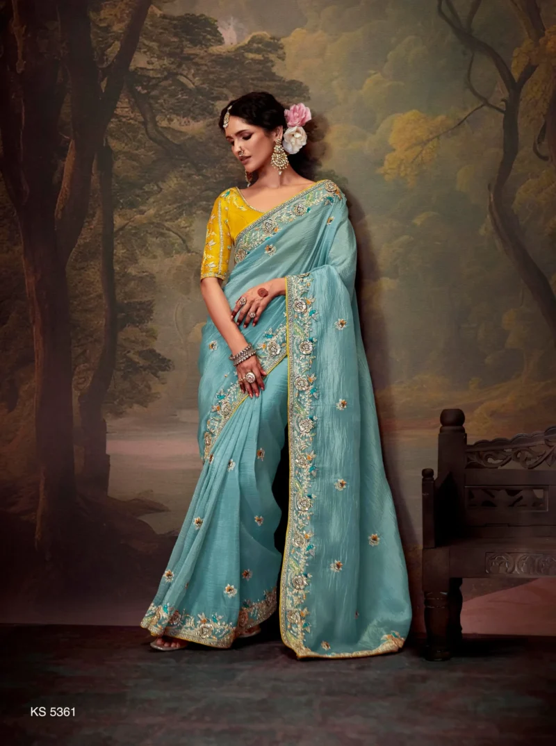 Sky Blue Organza Silk Wedding Saree with Yellow Embroidered Blouse