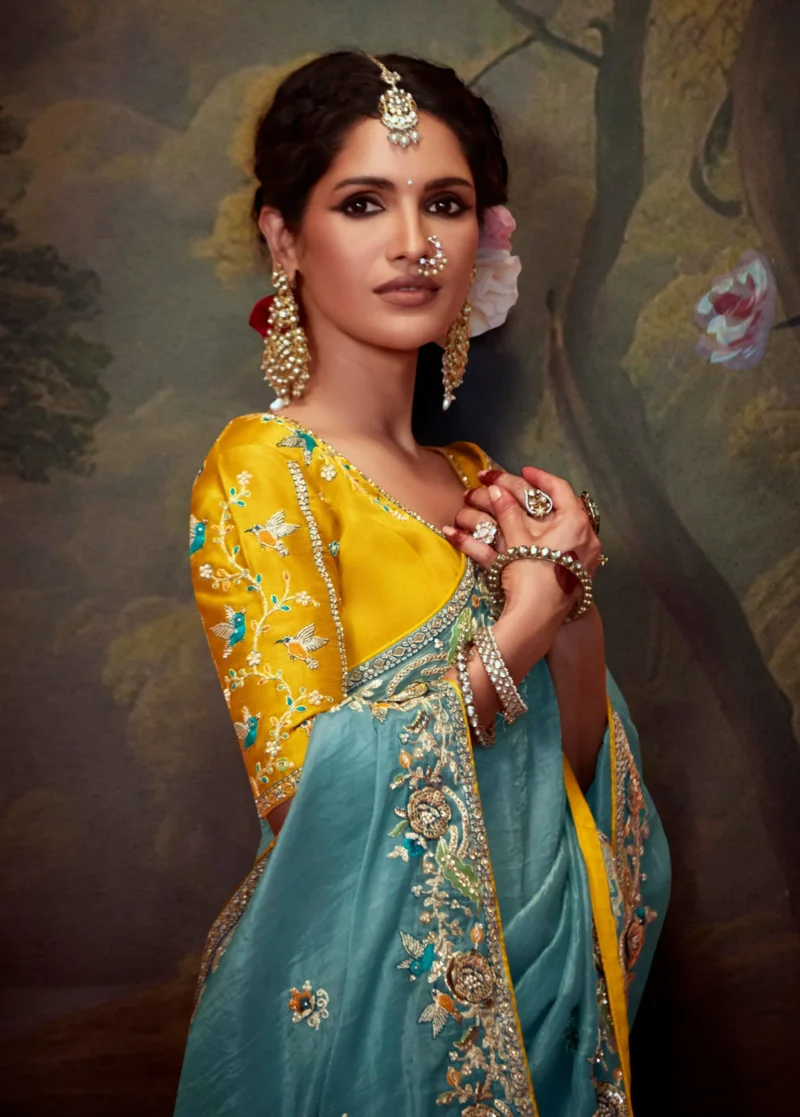 Sky Blue Organza Silk Wedding Saree with Yellow Embroidered Blouse