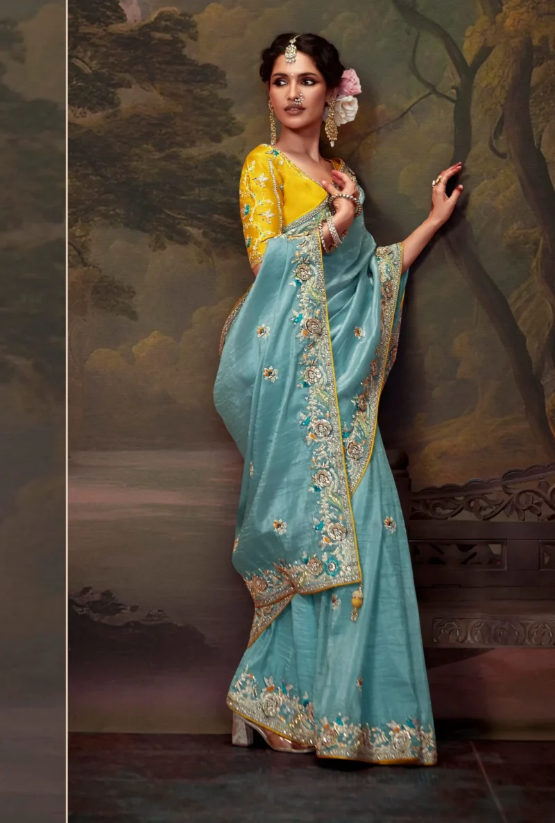 Sky Blue Organza Silk Wedding Saree with Yellow Embroidered Blouse