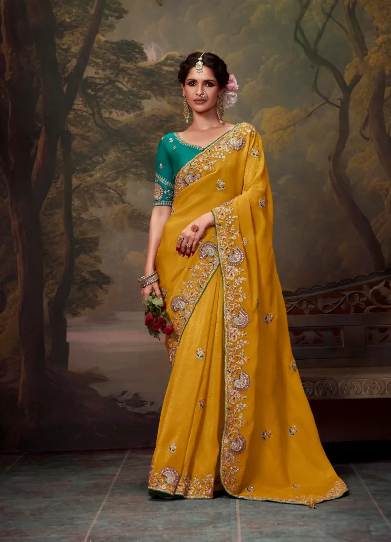 Golden Sun Organza Silk Event Saree with Emerald Green Blouse