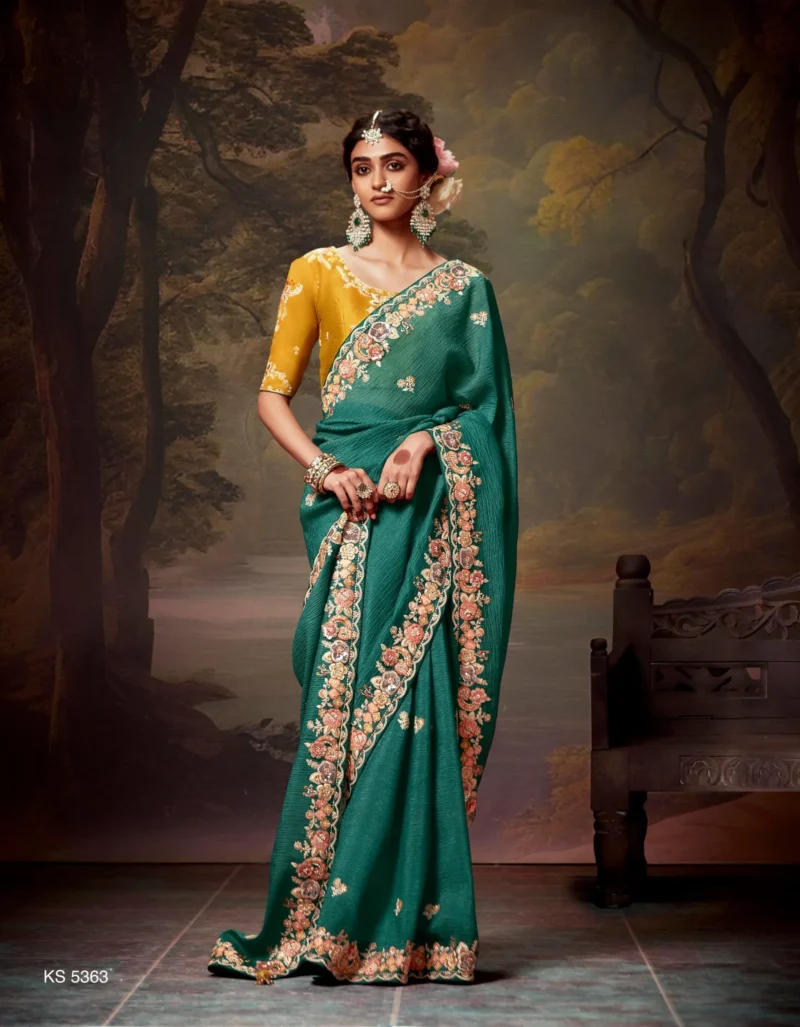 Teal Green Organza Silk Festival Saree with Golden Yellow Blouse