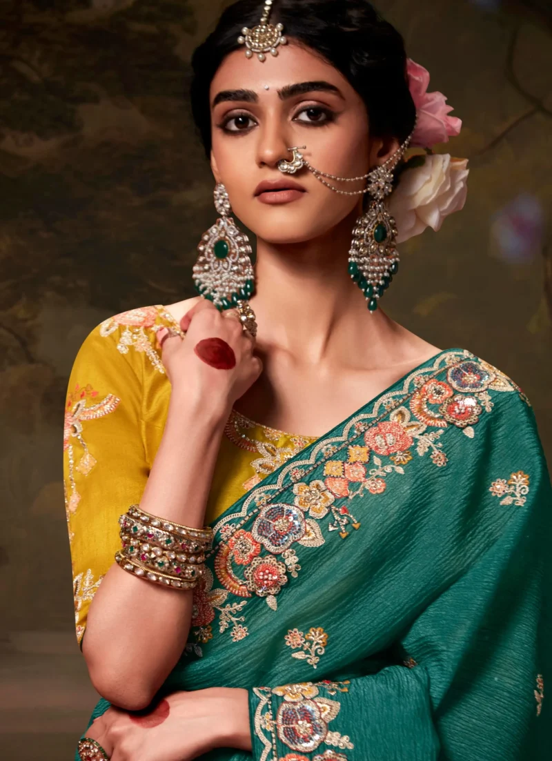 Teal Green Organza Silk Festival Saree with Golden Yellow Blouse