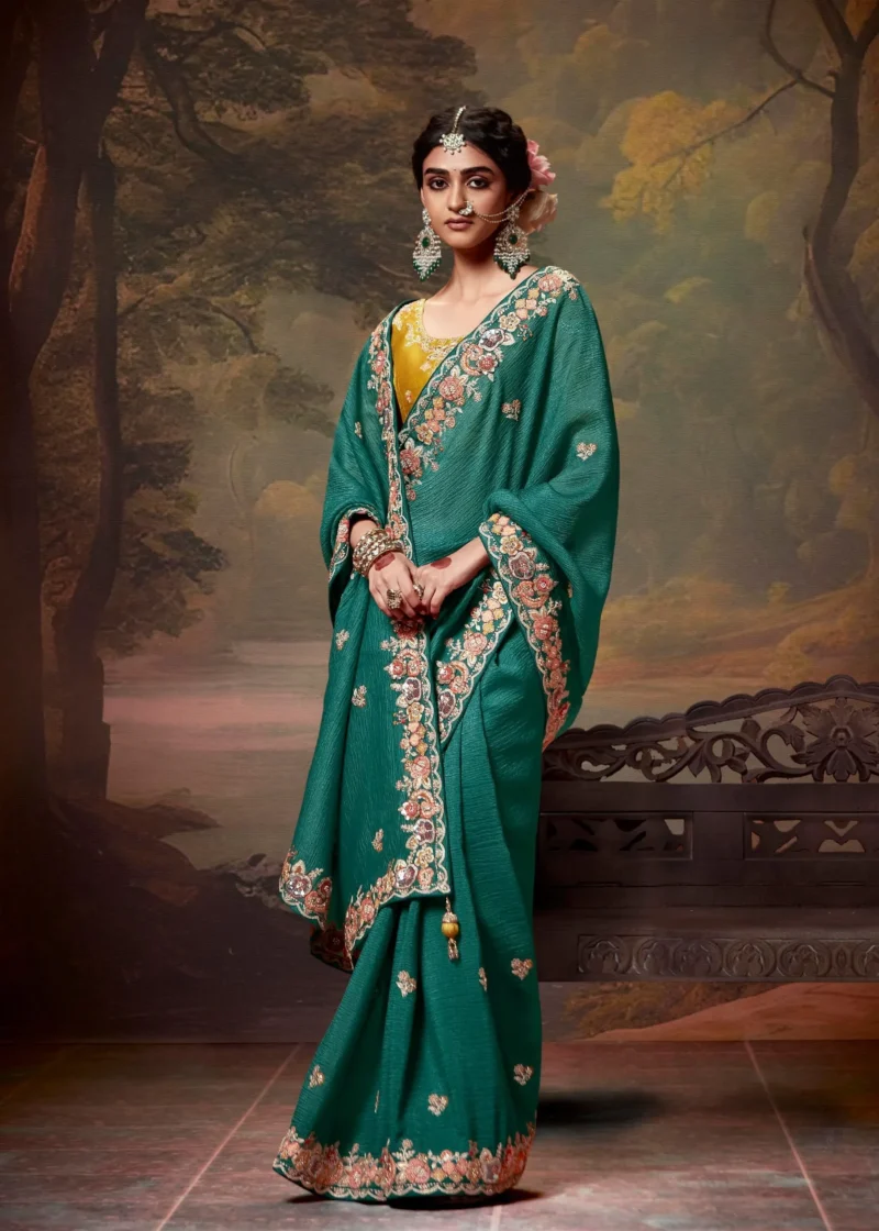 Teal Green Organza Silk Festival Saree with Golden Yellow Blouse