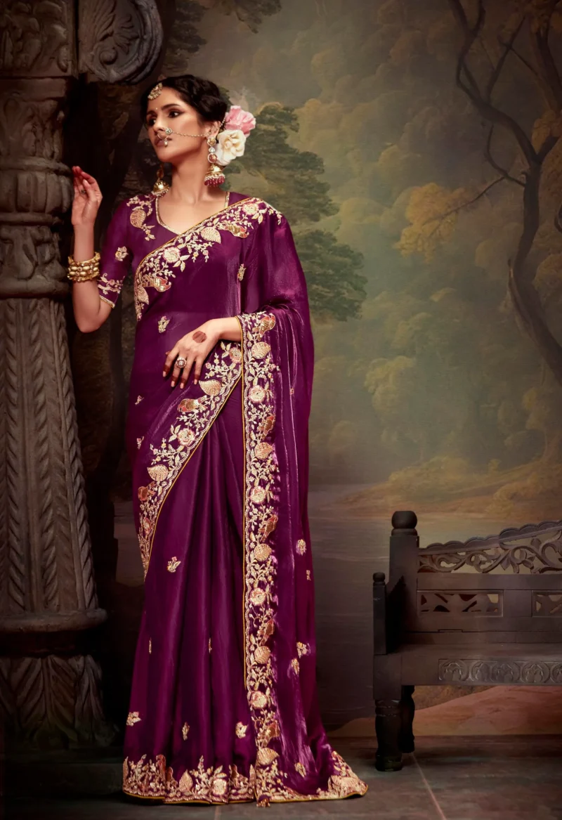 Burgundy Bliss: Embroidered Organza Silk Wedding Saree with Matching Blouse