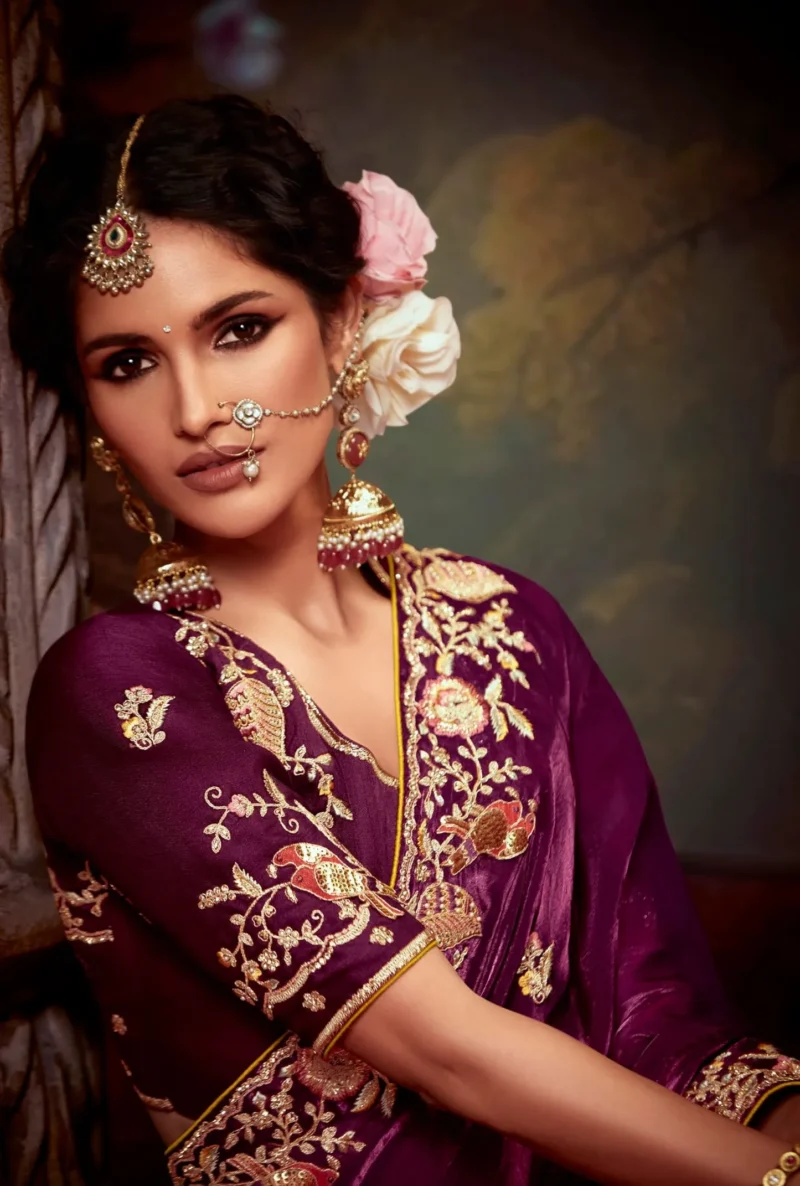 Burgundy Bliss: Embroidered Organza Silk Wedding Saree with Matching Blouse