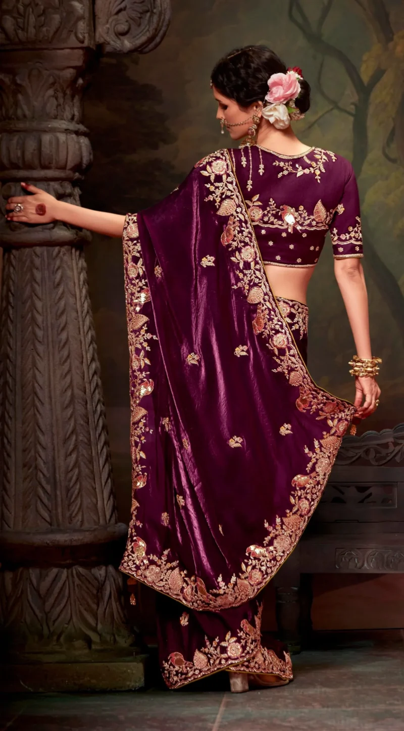 Burgundy Bliss: Embroidered Organza Silk Wedding Saree with Matching Blouse