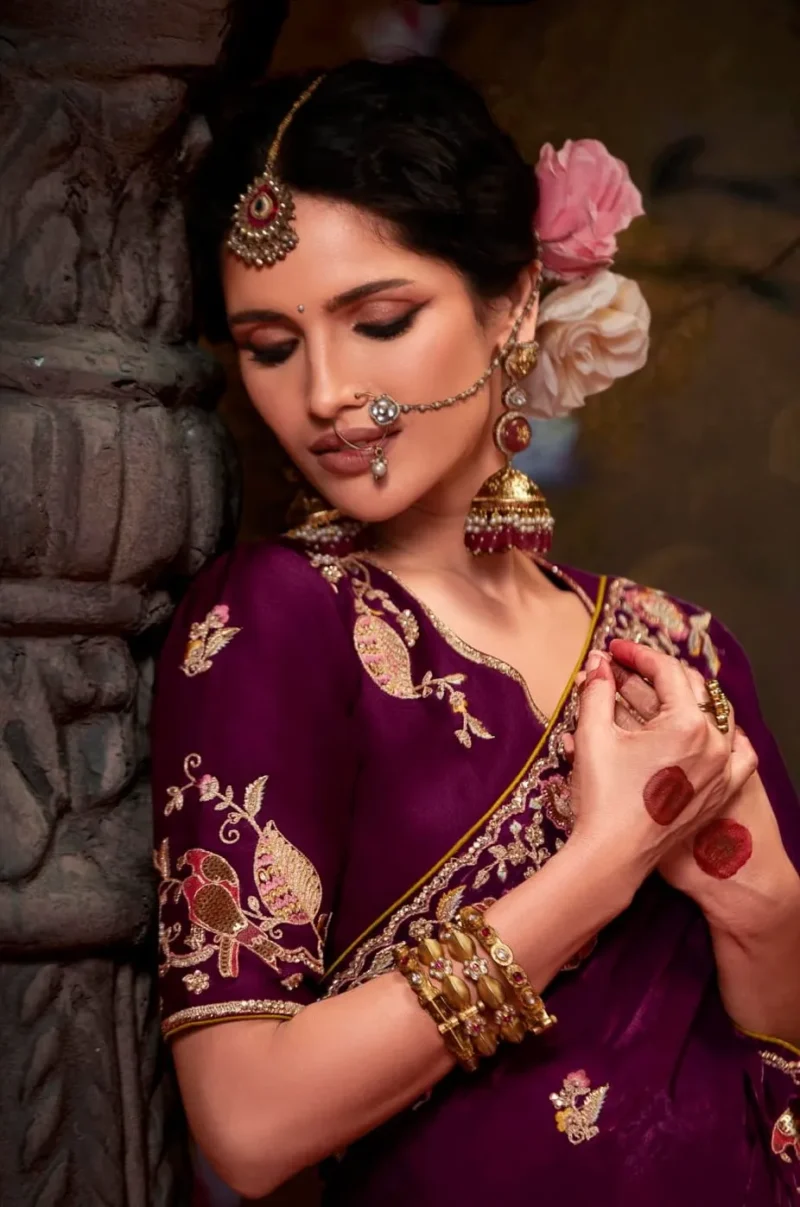 Burgundy Bliss: Embroidered Organza Silk Wedding Saree with Matching Blouse