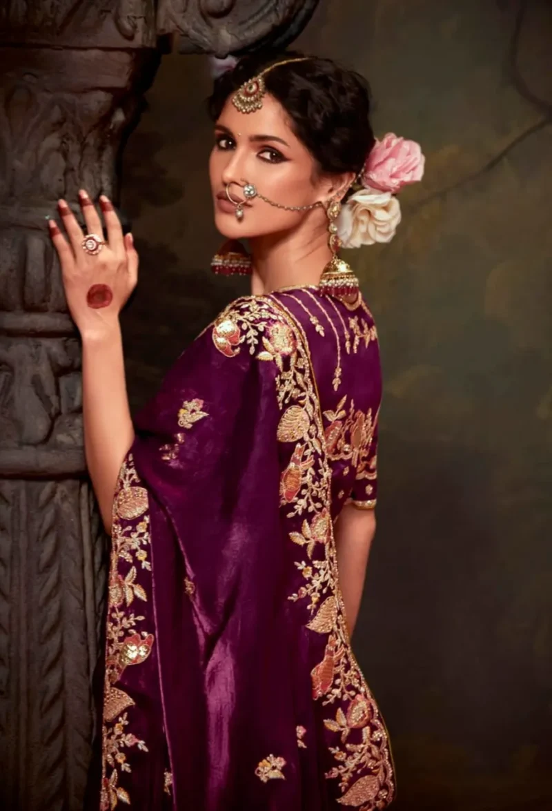 Burgundy Bliss: Embroidered Organza Silk Wedding Saree with Matching Blouse