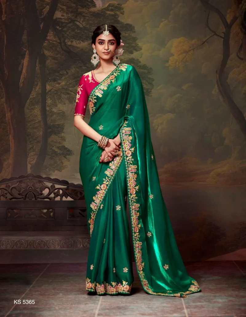 Emerald Green Organza Silk Event Saree with Contrast Embroidered Blouse