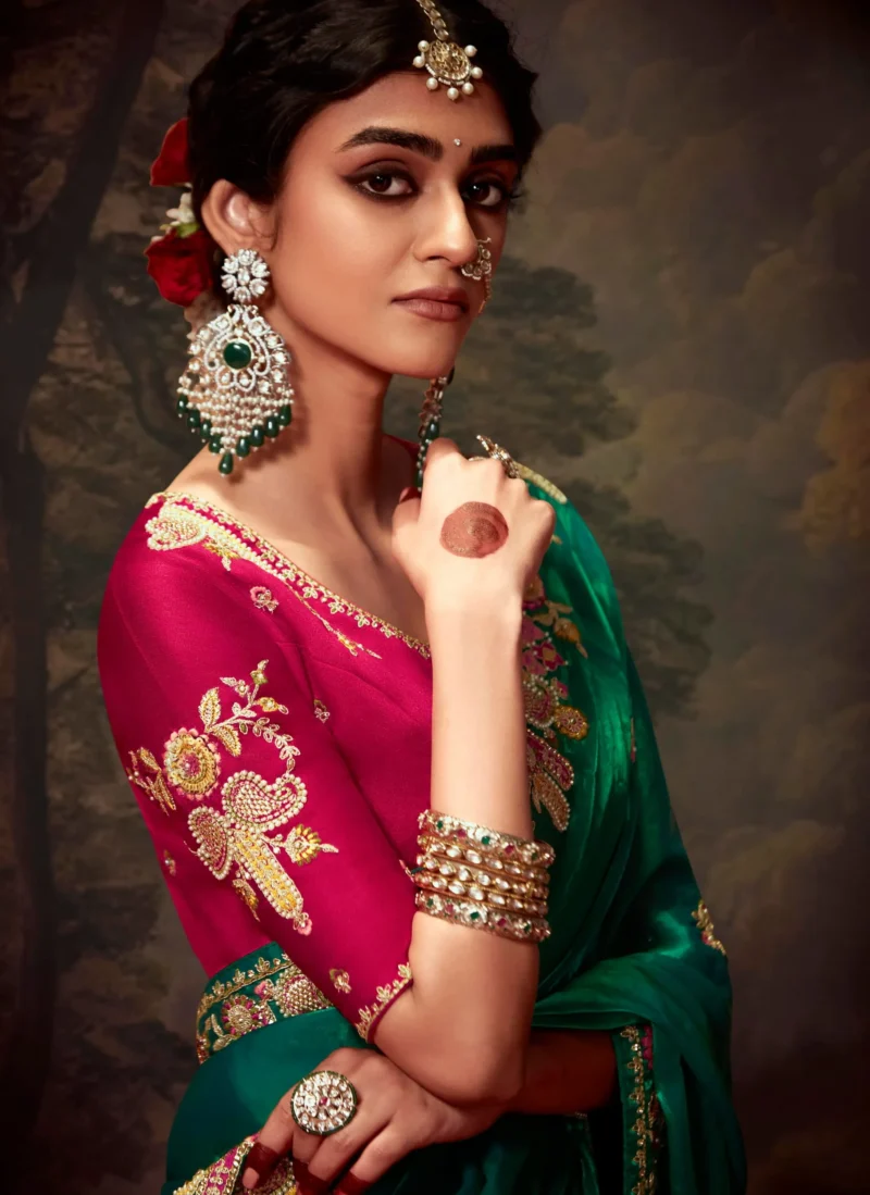 Emerald Green Organza Silk Event Saree with Contrast Embroidered Blouse