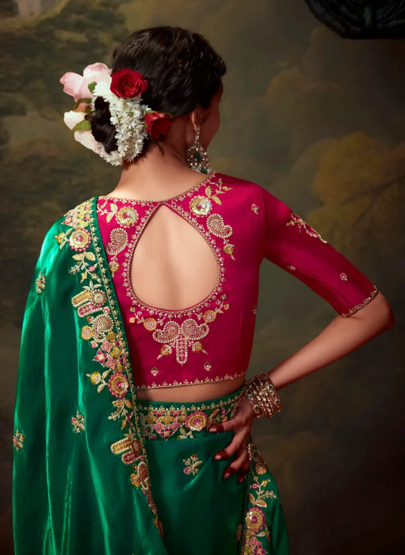 Emerald Green Organza Silk Event Saree with Contrast Embroidered Blouse