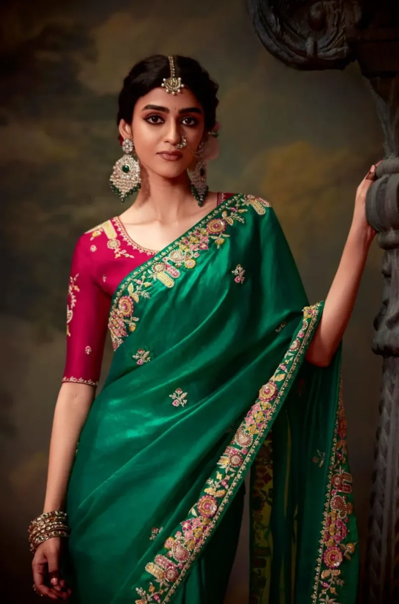 Emerald Green Organza Silk Event Saree with Contrast Embroidered Blouse