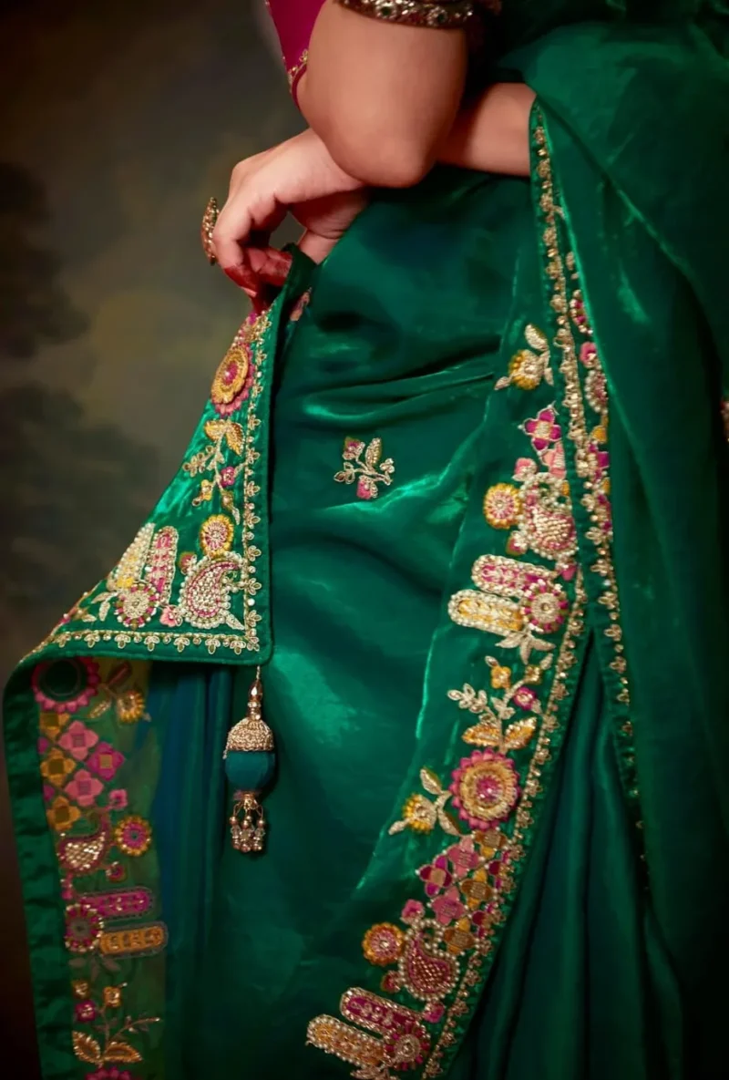 Emerald Green Organza Silk Event Saree with Contrast Embroidered Blouse