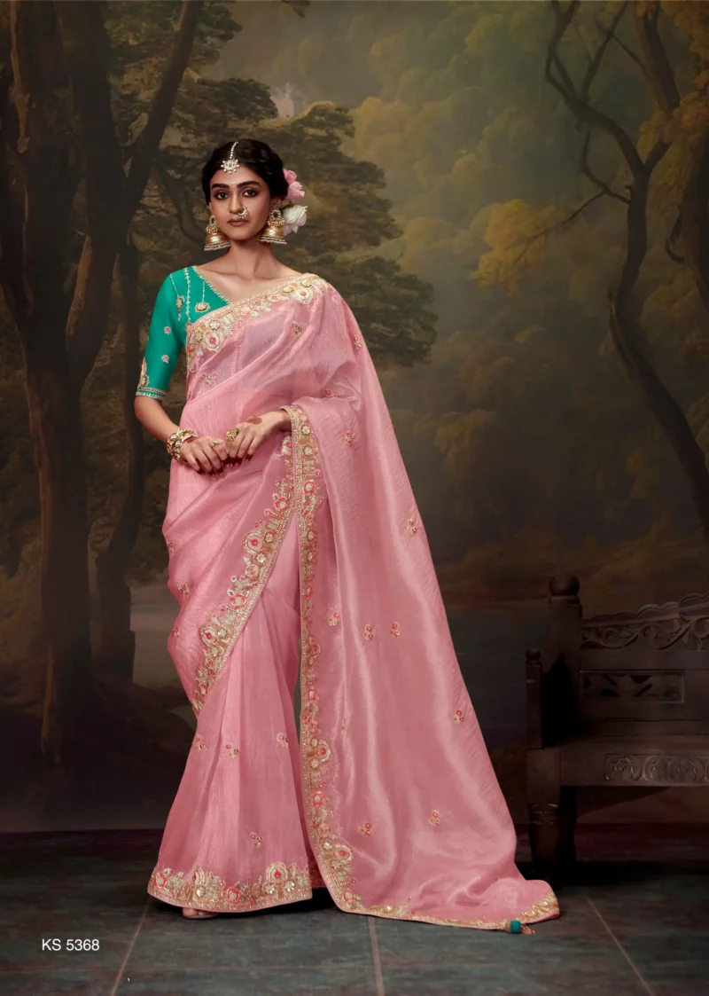 Elegant Light Pink Embroidered Organza Silk Saree with Green Embroidered Blouse