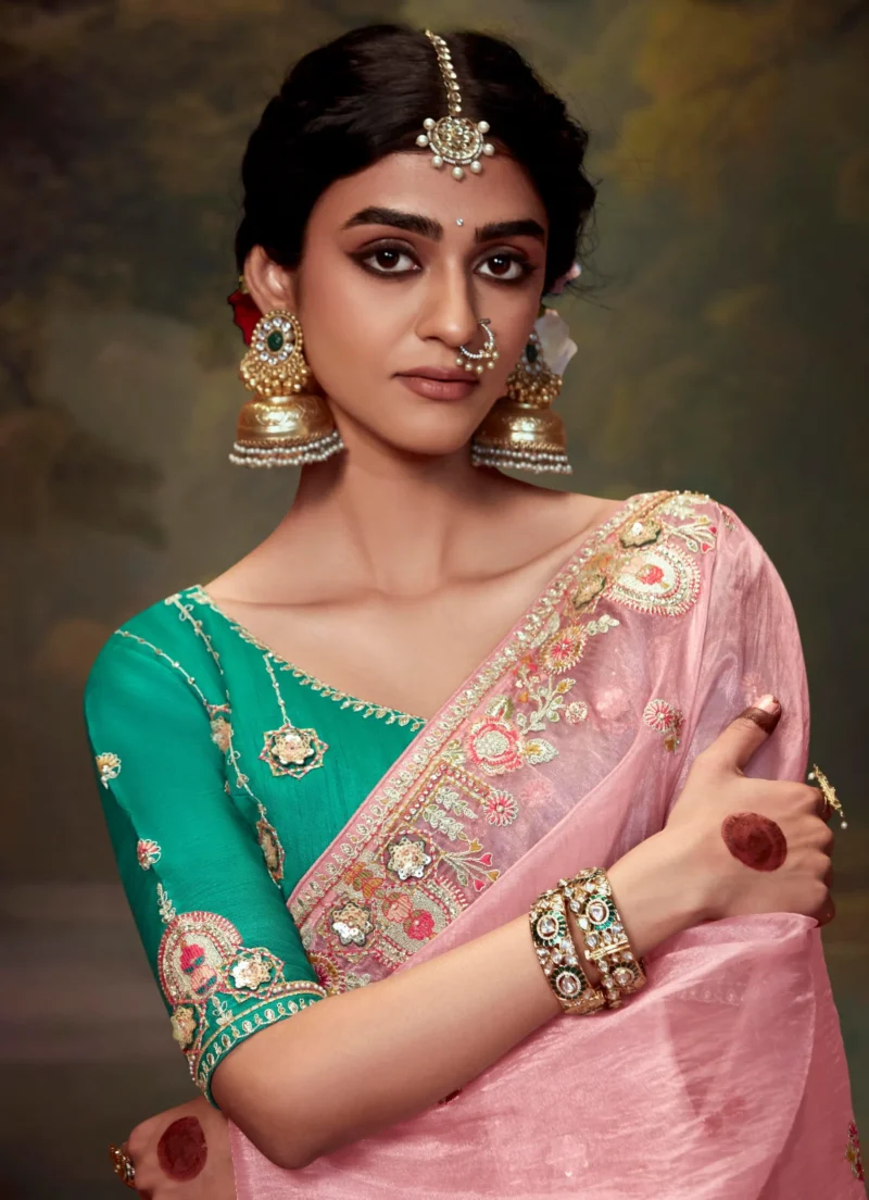 Elegant Light Pink Embroidered Organza Silk Saree with Green Embroidered Blouse