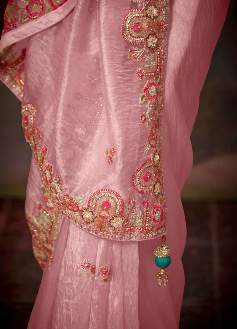 Elegant Light Pink Embroidered Organza Silk Saree with Green Embroidered Blouse