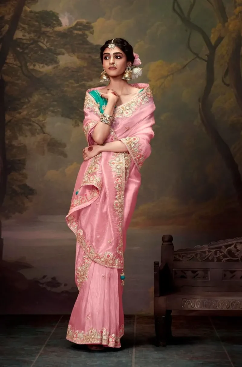 Elegant Light Pink Embroidered Organza Silk Saree with Green Embroidered Blouse