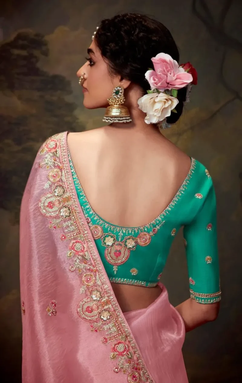 Elegant Light Pink Embroidered Organza Silk Saree with Green Embroidered Blouse