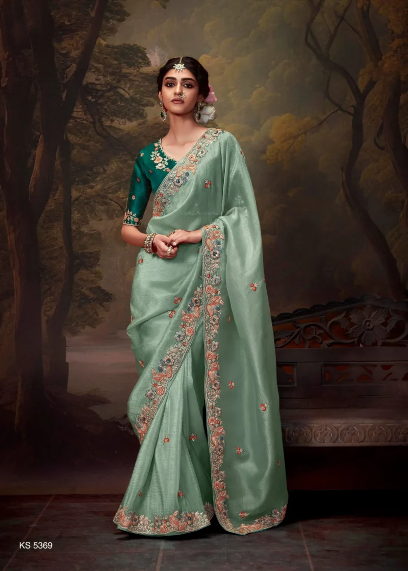 Opulent Teal Green Embroidered Organza Wedding Saree