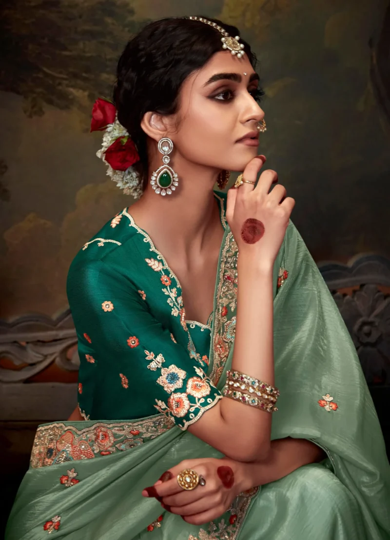 Opulent Teal Green Embroidered Organza Wedding Saree