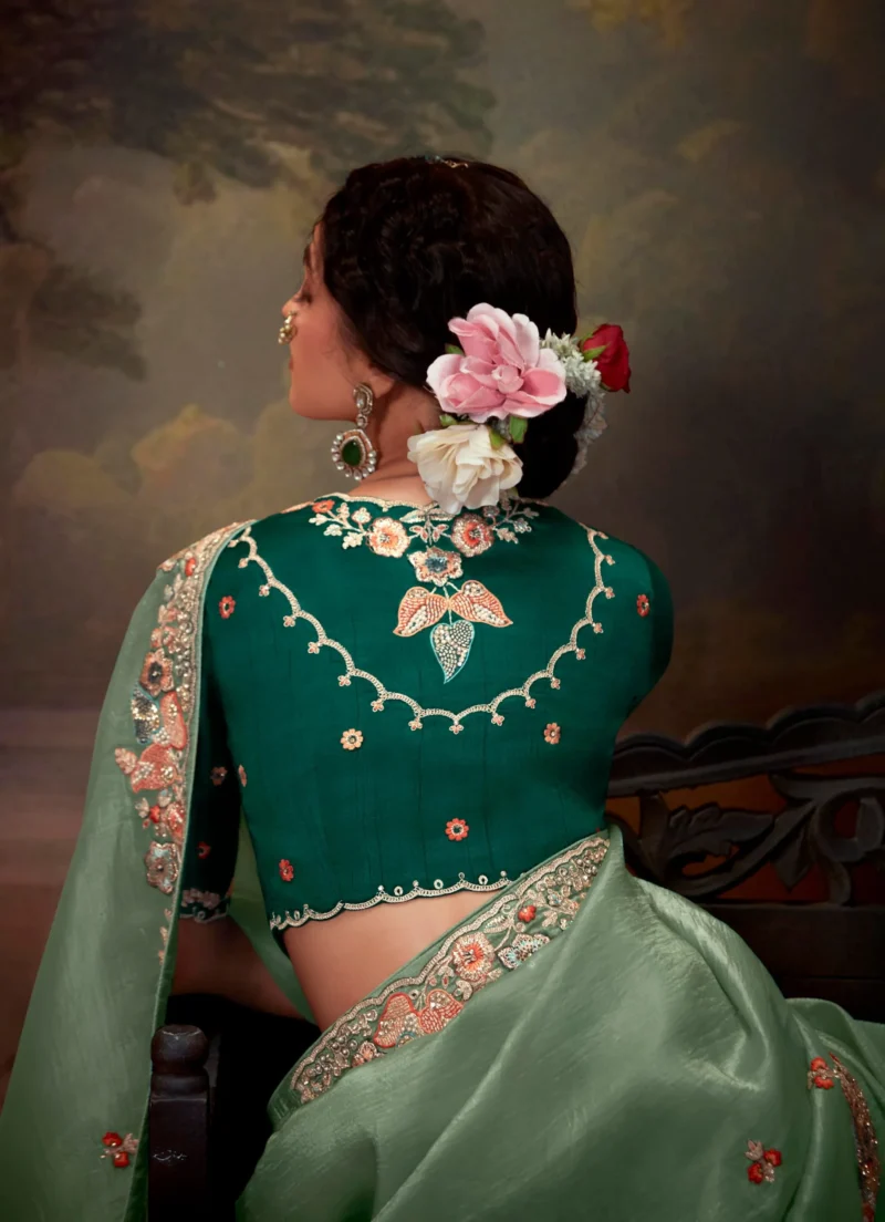 Opulent Teal Green Embroidered Organza Wedding Saree