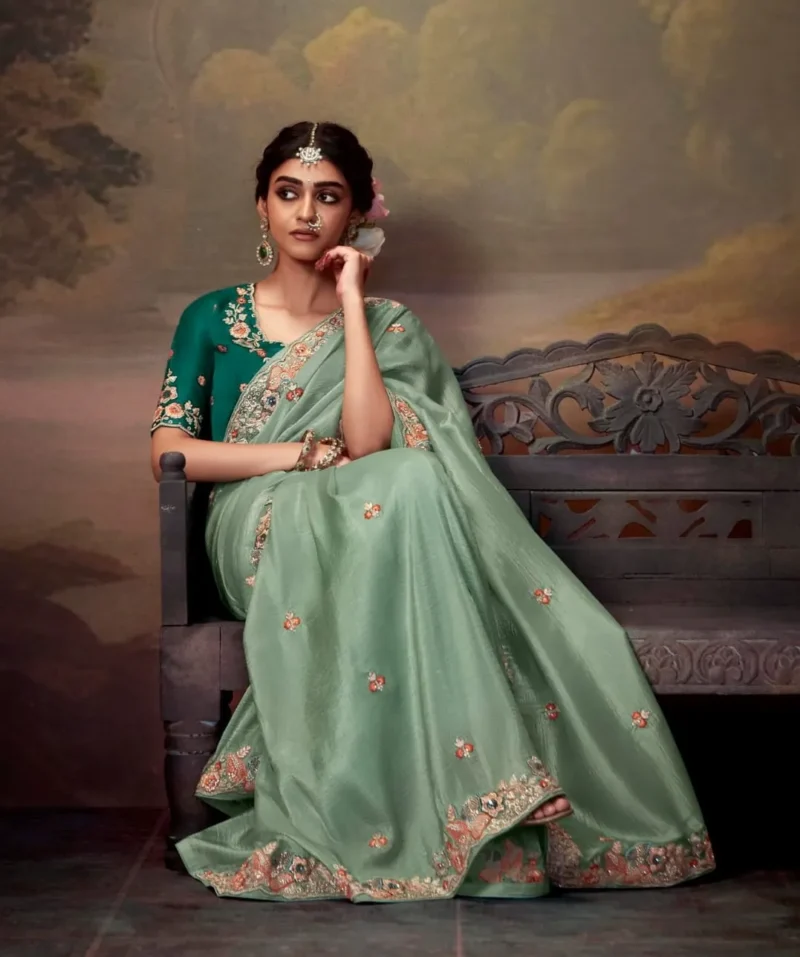 Opulent Teal Green Embroidered Organza Wedding Saree