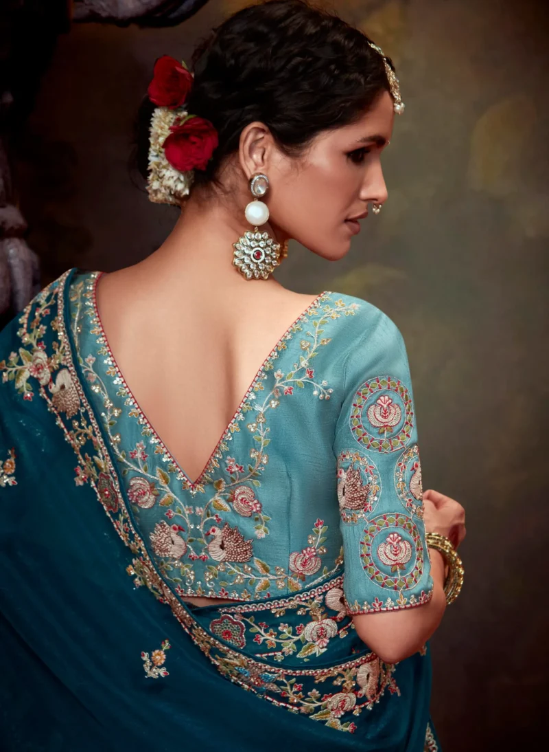 Oceanic Teal Silk Embroidery Wedding Saree with Matching Blouse