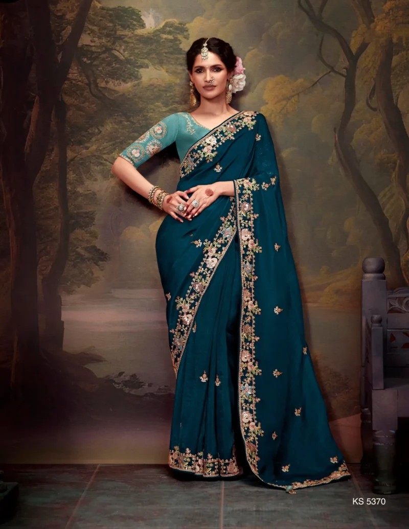 Oceanic Teal Silk Embroidery Wedding Saree with Matching Blouse