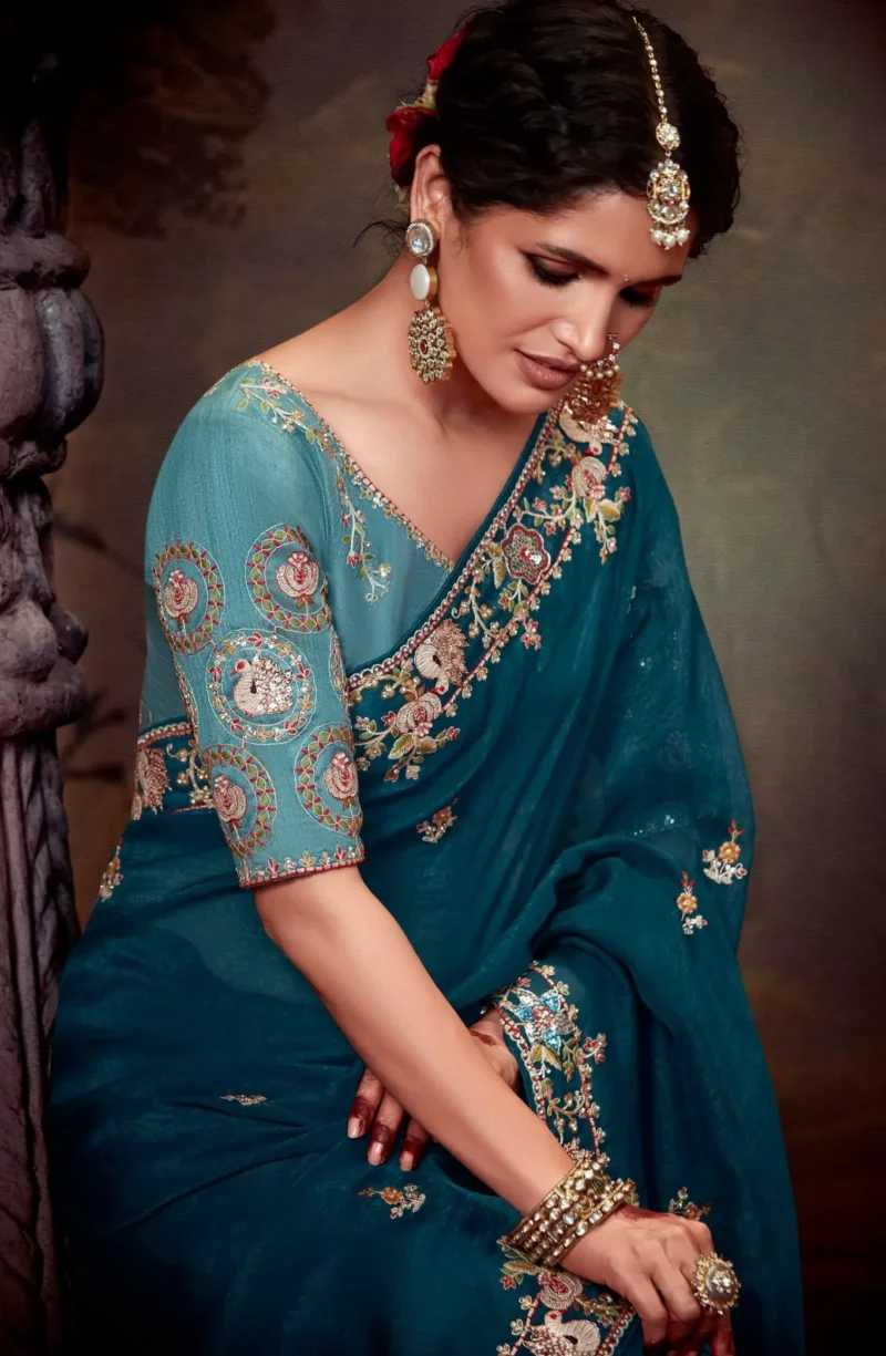 Oceanic Teal Silk Embroidery Wedding Saree with Matching Blouse