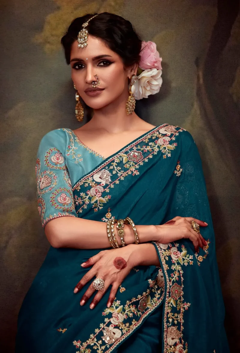 Oceanic Teal Silk Embroidery Wedding Saree with Matching Blouse