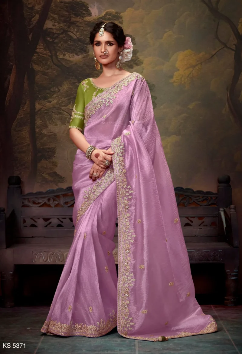 Plum Embroidered Organza Silk Event Saree with Green Blouse