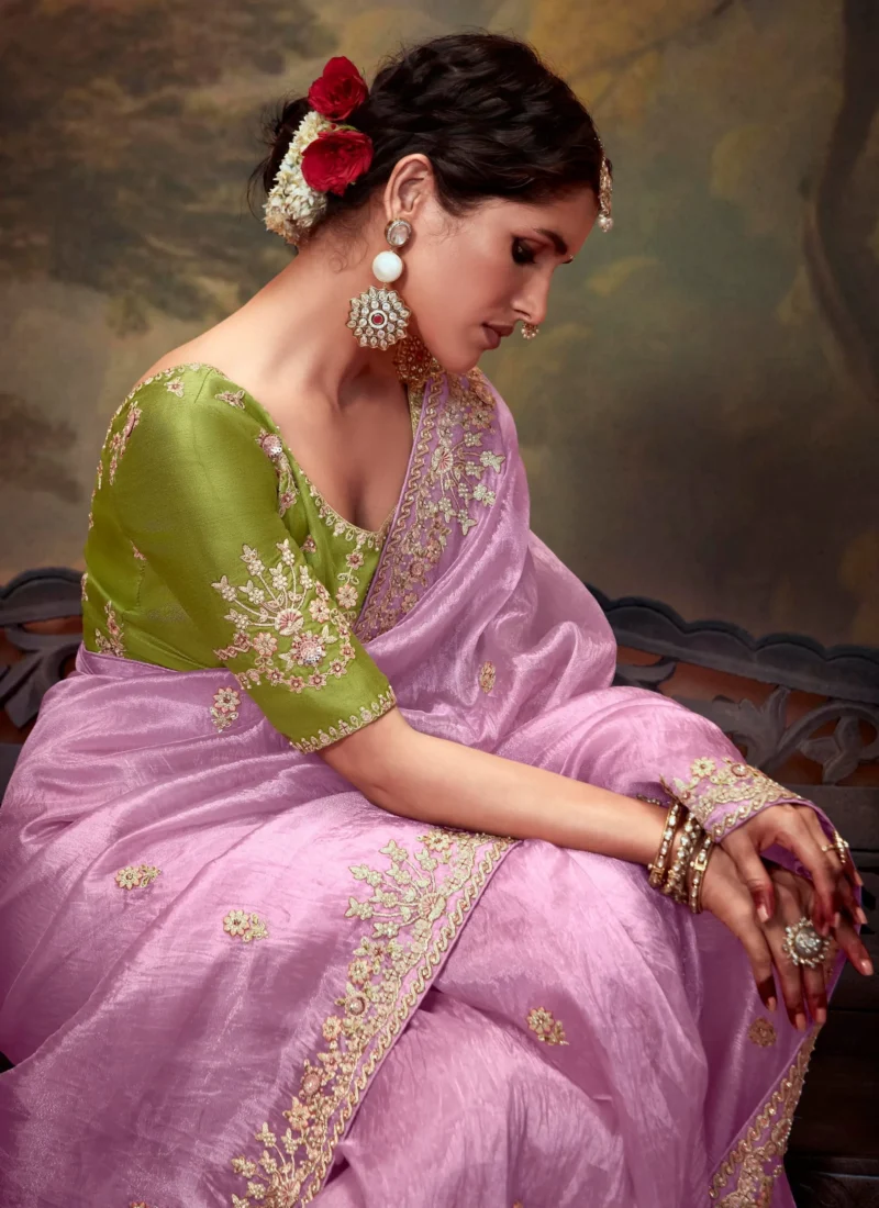 Plum Embroidered Organza Silk Event Saree with Green Blouse