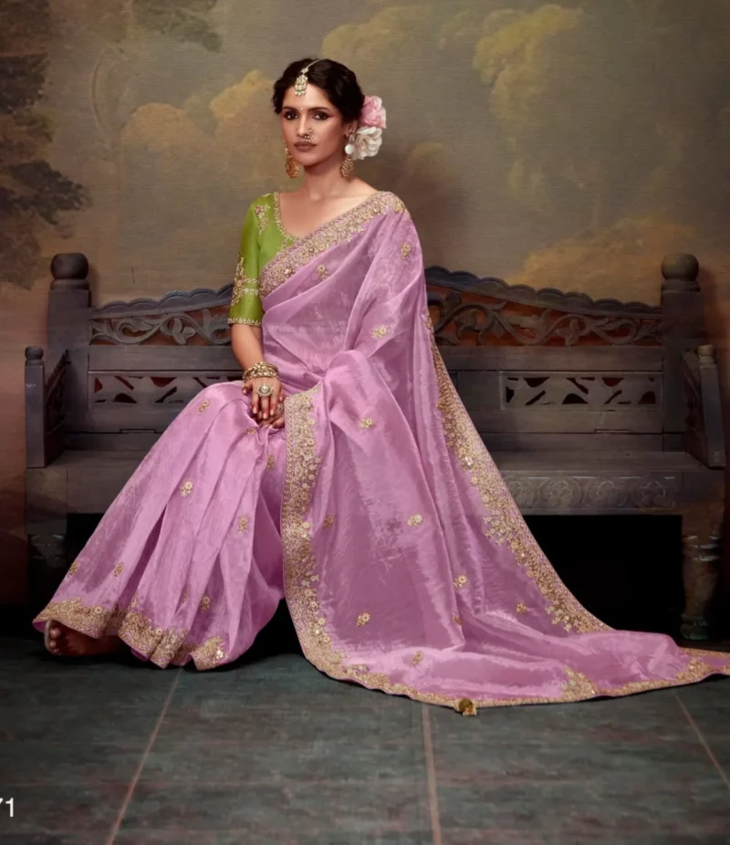 Plum Embroidered Organza Silk Event Saree with Green Blouse