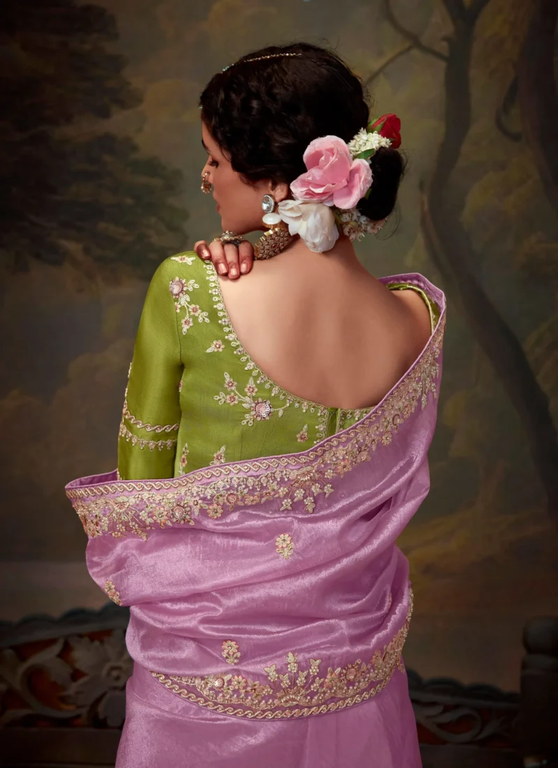 Plum Embroidered Organza Silk Event Saree with Green Blouse