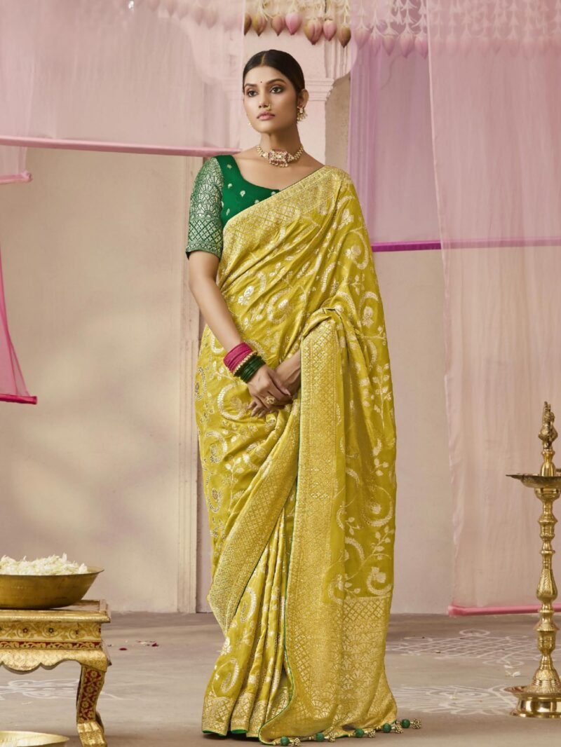 Green Banarasi Dola Silk Saree with Dark Green Brocade Blouse - Regal Indian Saree