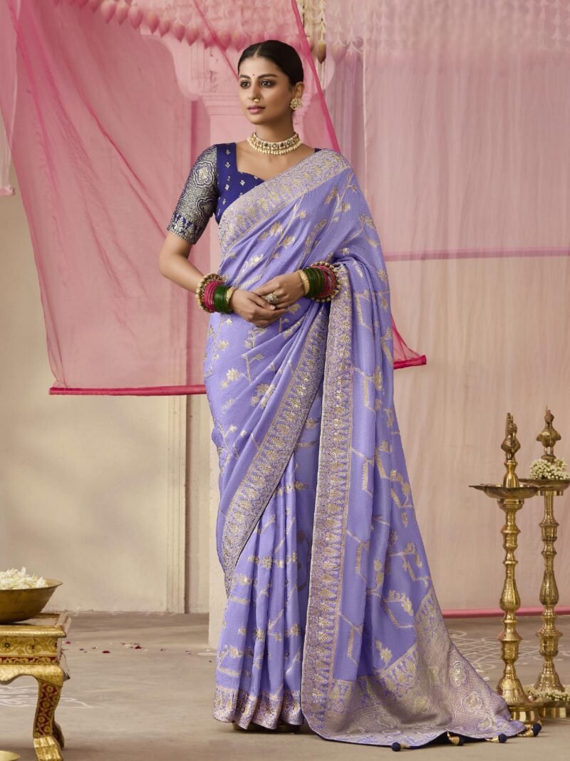 Lavender Banarasi Dola Silk Saree with Blue Brocade Blouse - Elegant Indian Saree