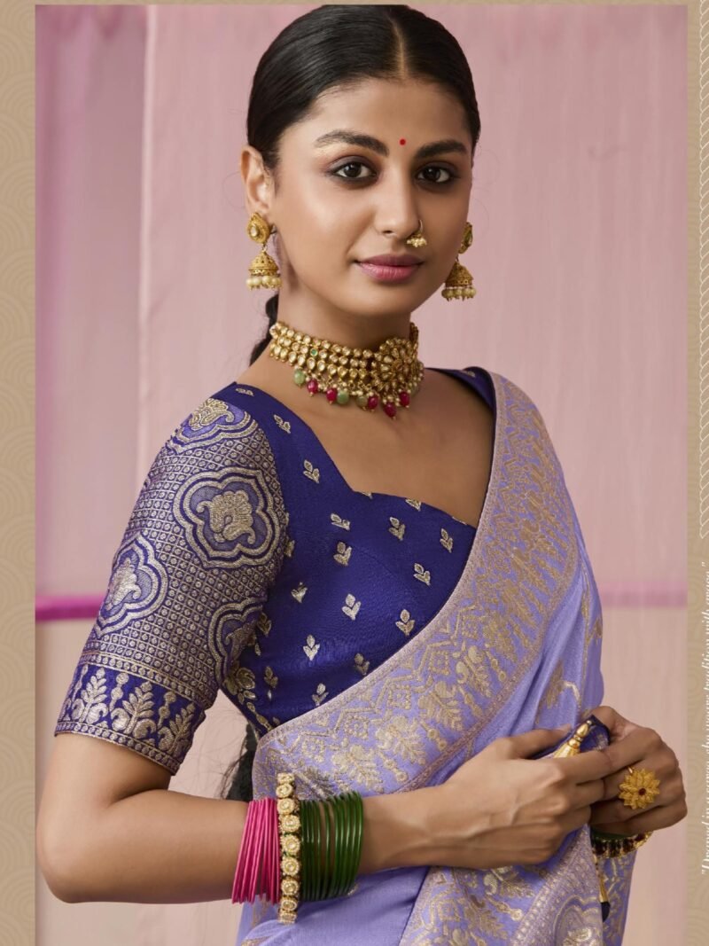 Lavender Banarasi Dola Silk Saree with Blue Brocade Blouse - Elegant Indian Saree