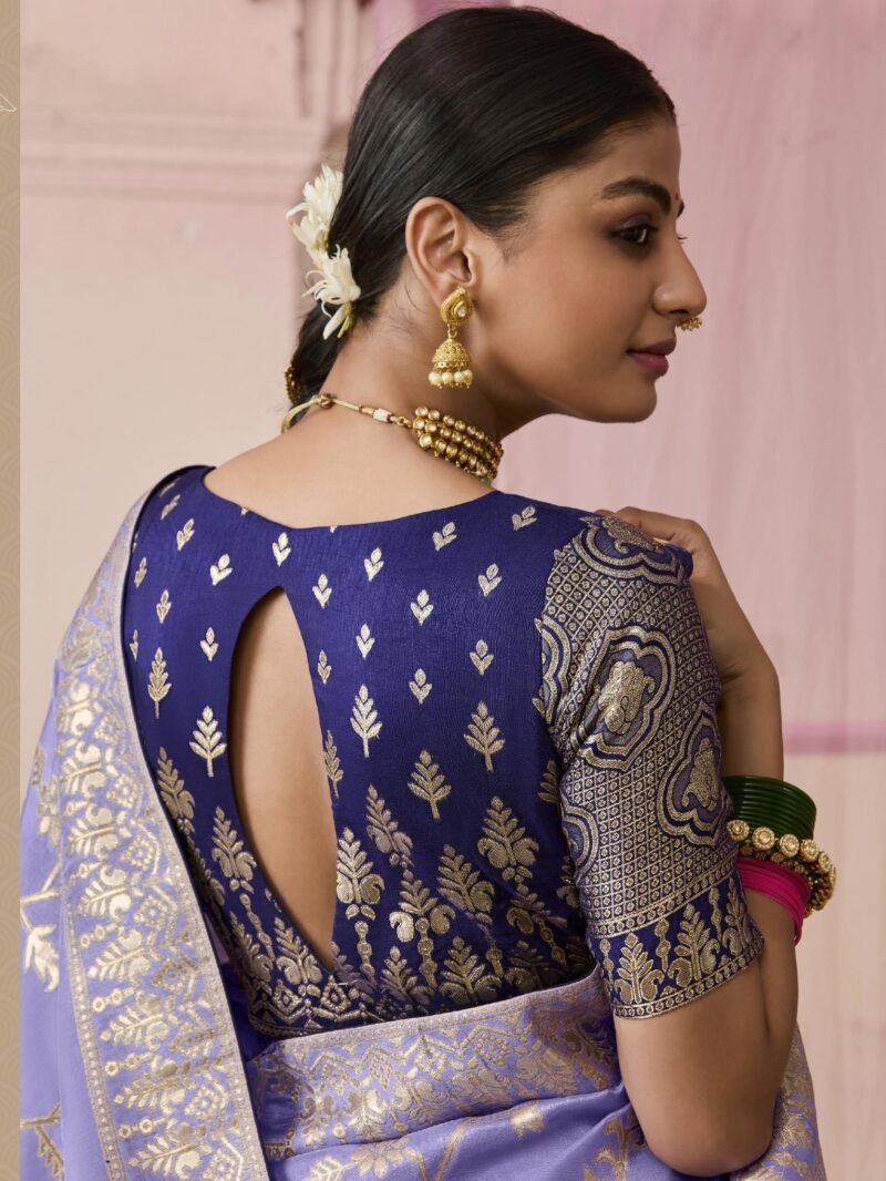 Lavender Banarasi Dola Silk Saree with Blue Brocade Blouse - Elegant Indian Saree