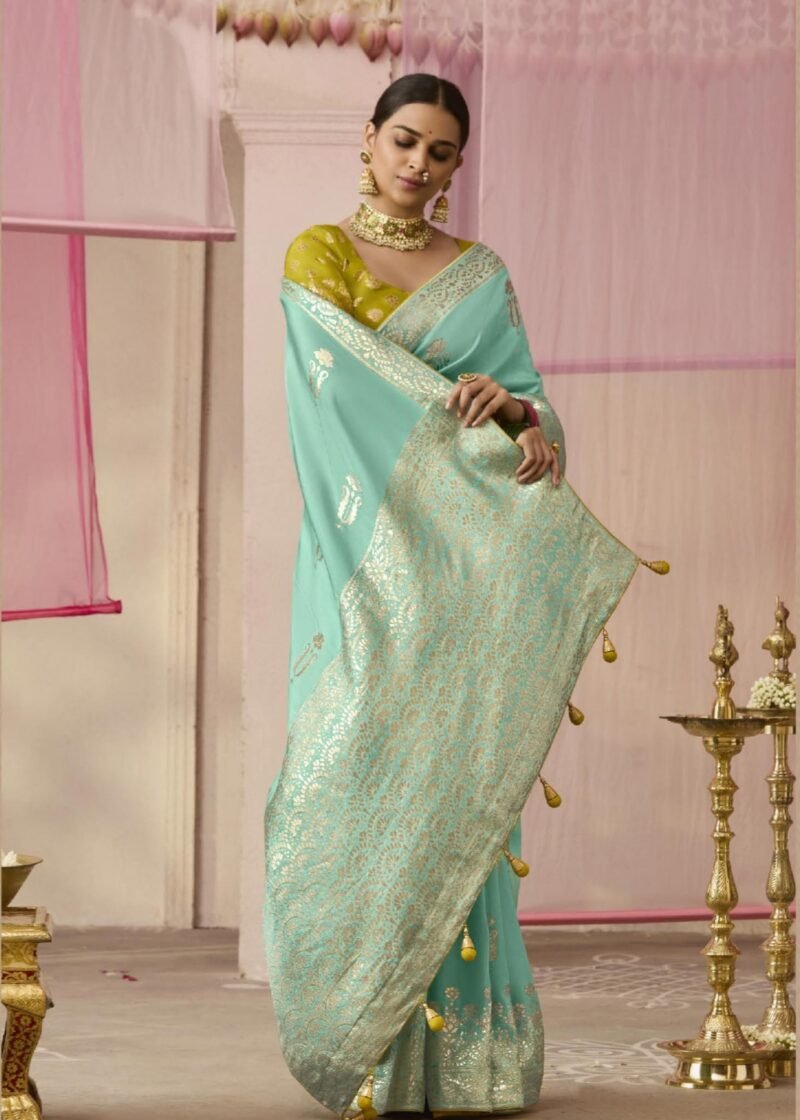 Sea Green Banarasi Dola Silk Saree with Yellow Brocade Blouse - Luxury Indian Saree