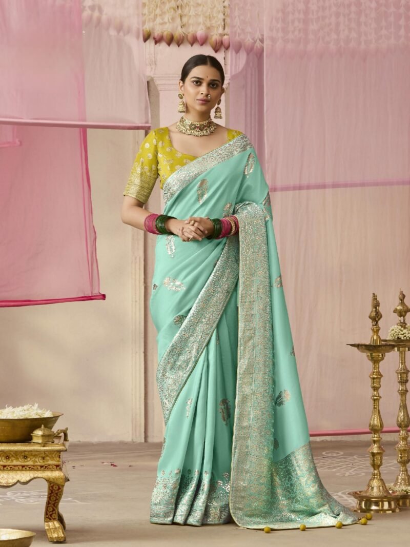 Sea Green Banarasi Dola Silk Saree with Yellow Brocade Blouse - Luxury Indian Saree