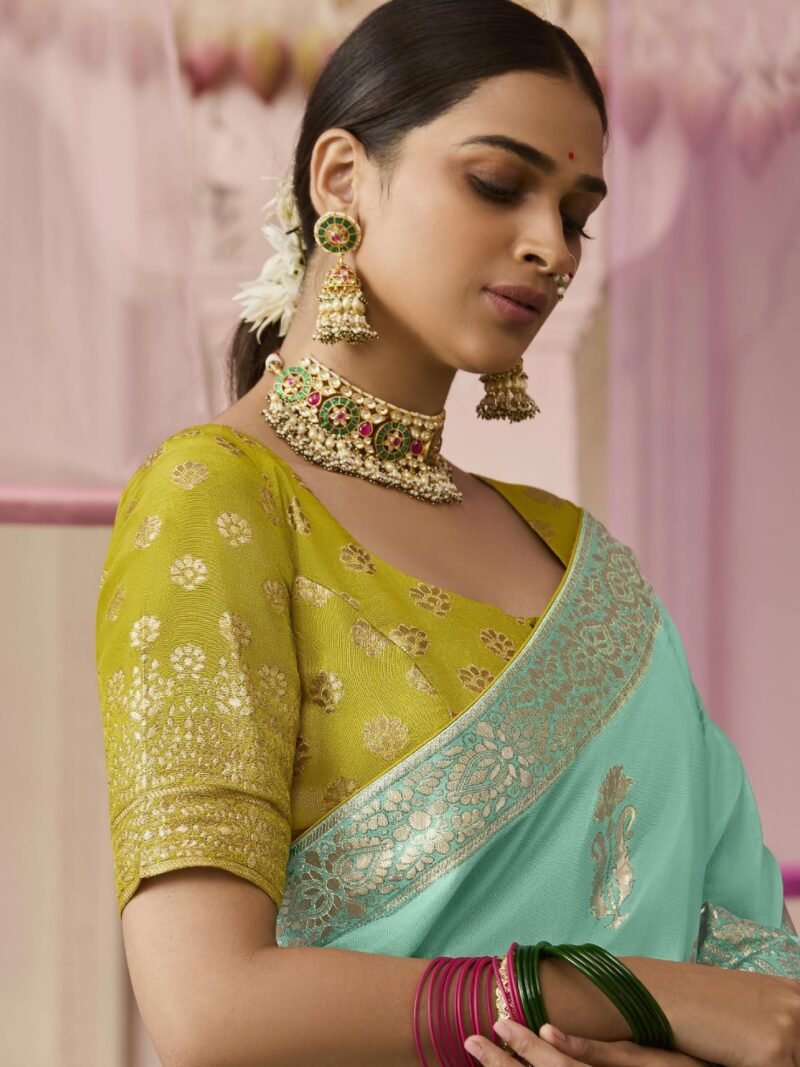 Sea Green Banarasi Dola Silk Saree with Yellow Brocade Blouse - Luxury Indian Saree